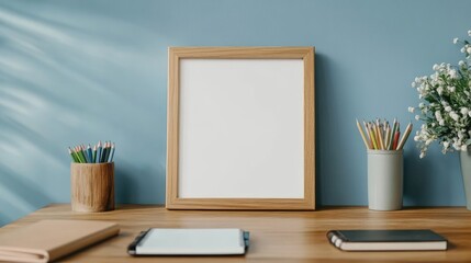Empty wooden picture frame standing on a wooden desk with decorative pencils, notebooks, and a plant in the background