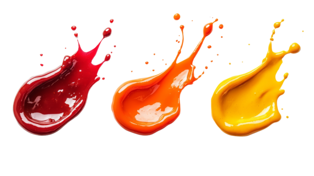 A vibrant set of ketchup and mustard splashes, illustrating dynamic motion and shapes, making it perfect for food-related concepts.