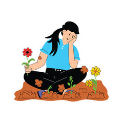 Girl looking at growing flower, flower lover flat illustration