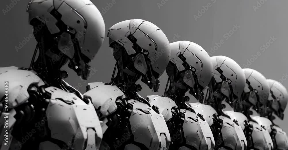 Poster row of robots standing in a futuristic assembly line.