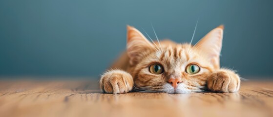 Curious Ginger Cat Relaxing, a playful orange tabby lying on a wooden floor, gazing intently at something off-screen, with bright green and yellow eyes, ears perked up.