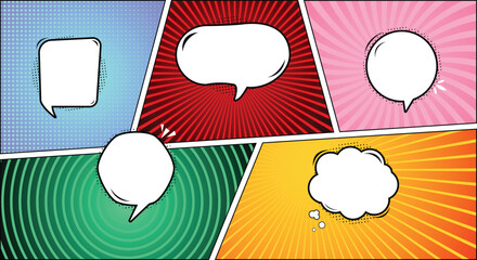 Speech bubbles comic panels in various colors and angles.