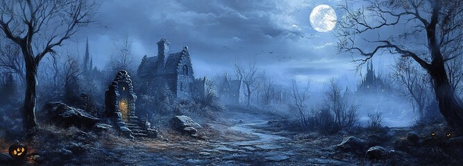 Obraz premium A lone traveler walks through a misty, moonlit landscape near ancient ruins under a serene night sky