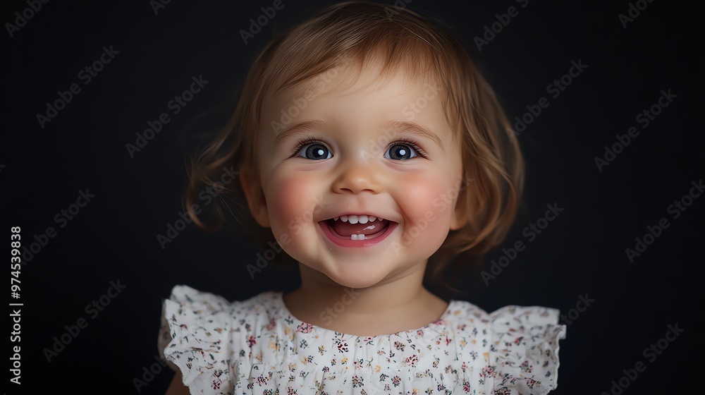 Poster A baby girl with blonde hair and big blue eyes laughs with her mouth open.