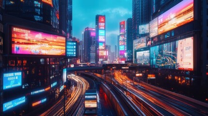 Obraz premium Futuristic modern cityscape at dusk with illuminated buildings, smart transportation, and digital billboards