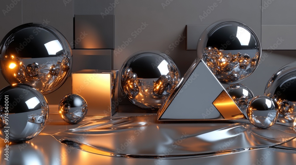 Poster geometric abstraction with cubes, spheres, and pyramids rendered in glossy metallic surfaces