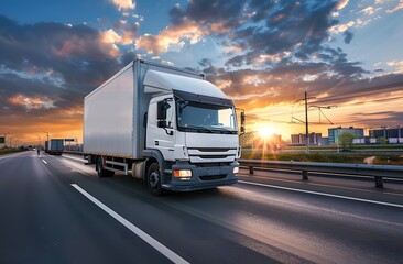 Delivery Truck Driving on Highway at Sunset