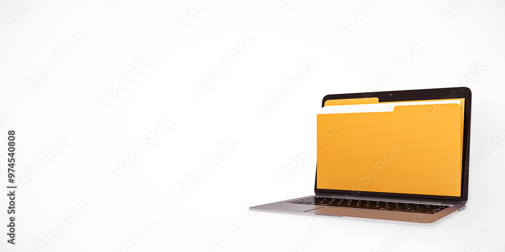 Poster Laptop with Large Yellow Folder Icon on White Background Concept. 3D Rendering