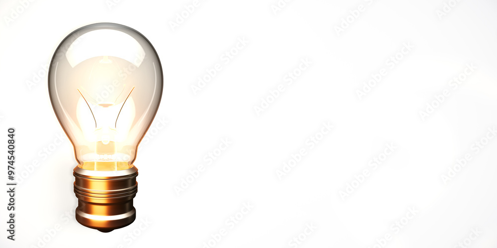 Poster Illuminated light bulb on white background with copy space. 3D Rendering