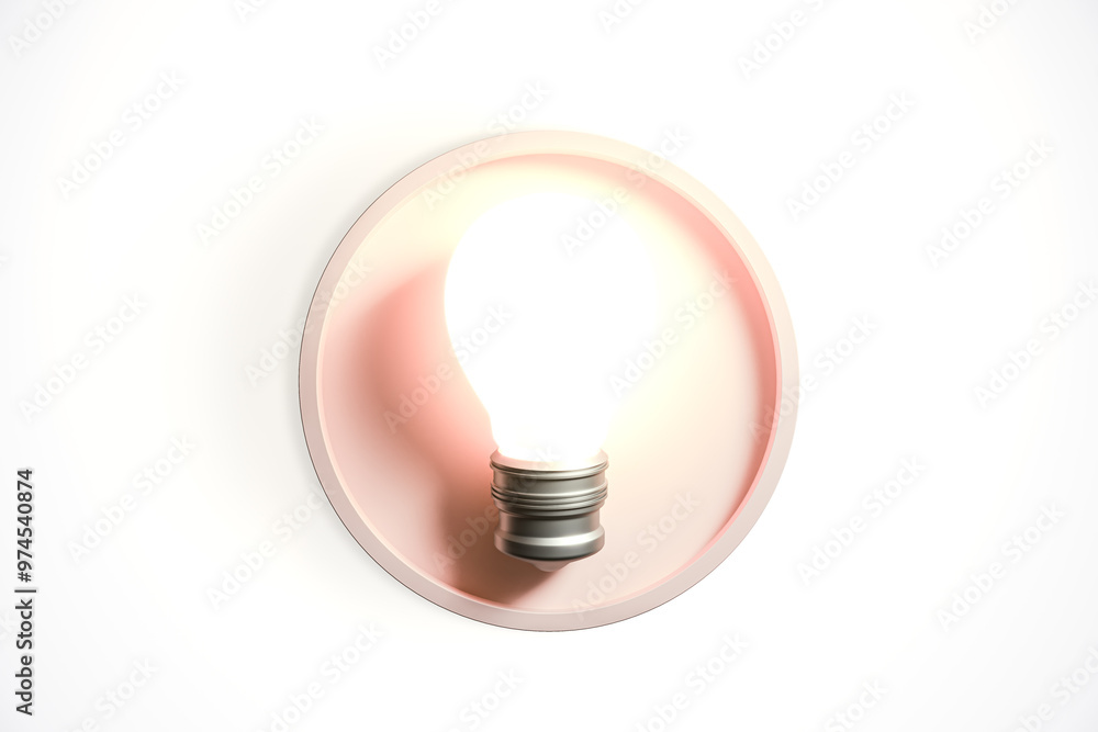 Poster Illuminated Light Bulb in Circular Frame on White Background. 3D Rendering