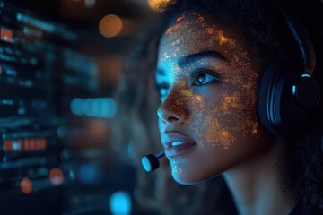 diverse customer service team in hightech call center holographic displays