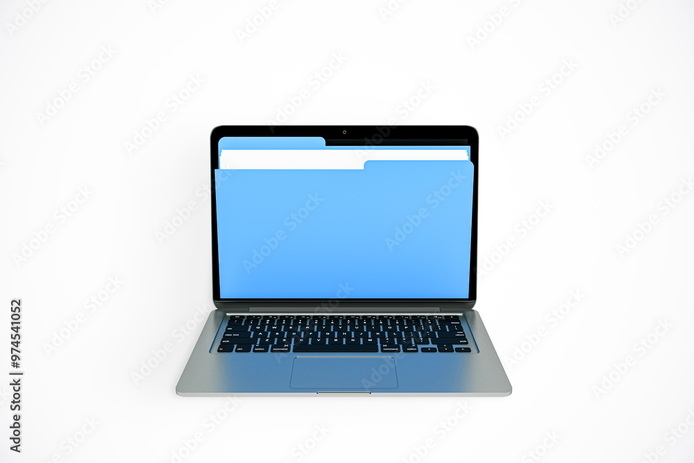 Poster laptop with a blue folder icon on screen on a white background. 3d rendering