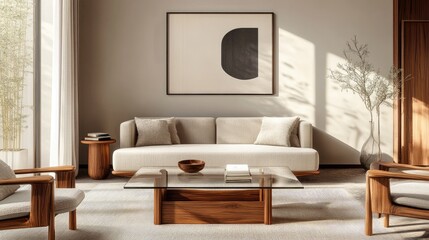 Fototapeta premium Minimalistic wooden frame placed on a glass coffee table, with a sleek, modern living room in the background -