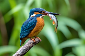 A kingfisher perched on a branch, proudly holding a fish it has just caught in its colorful beak