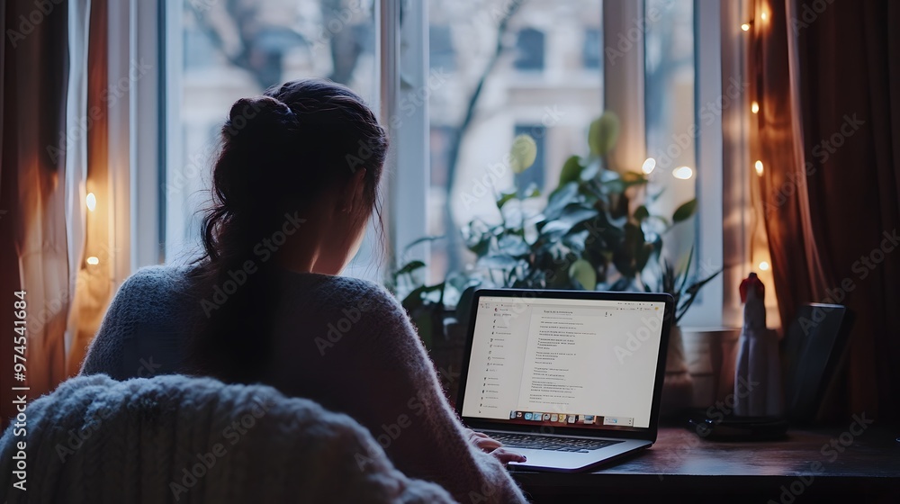 Poster woman using a laptop by the window with string lights