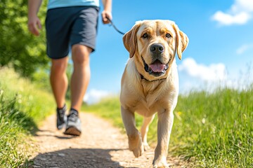 A loyal Labrador Retriever walking alongside its owner on a sunny hiking trail