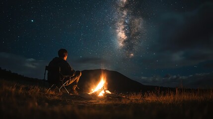 A man sits by a campfire under a starry sky.