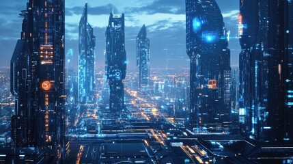 Fototapeta premium Modern digital city concept with holographic displays, smart buildings, and interconnected technology systems