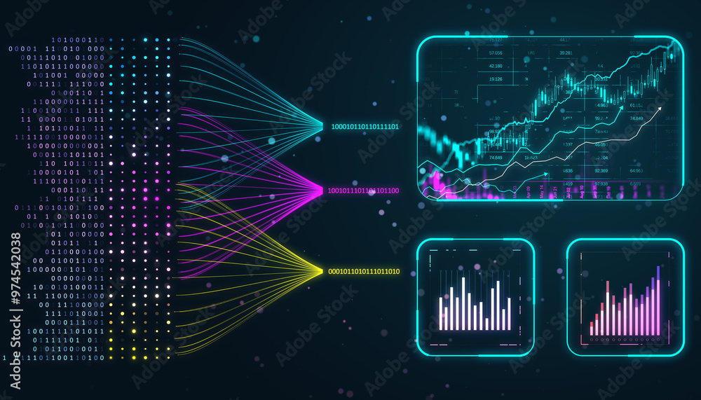 Poster Digital financial data visualization with charts and graphs on a dark background. 3D Rendering