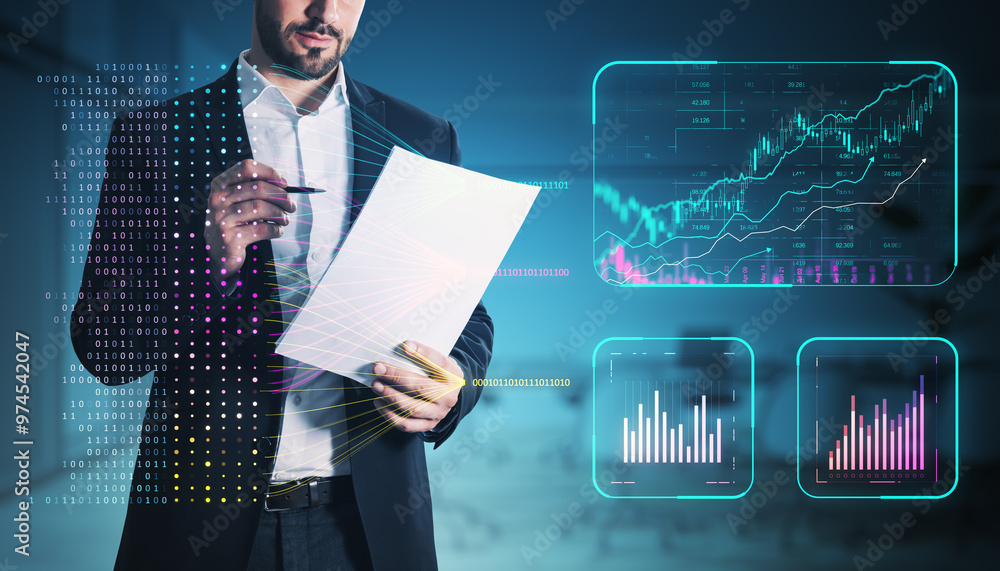 Aufkleber businessman analyzing financial data with futuristic charts and graphs on a dark background.