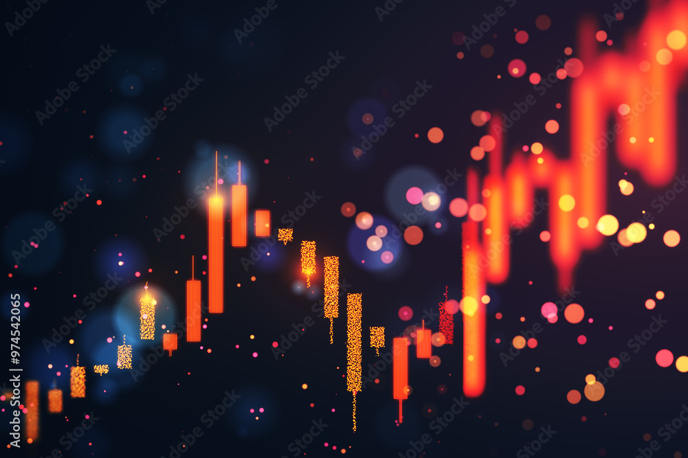 Poster forex trading candlestick chart on dark bokeh background. 3d rendering