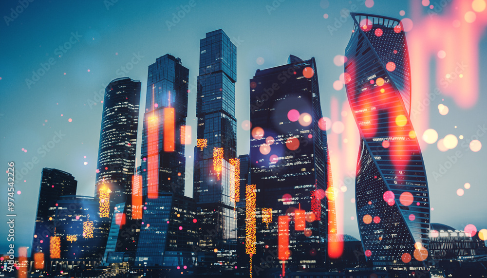 Poster modern skyscrapers with superimposed financial data charts in an urban setting.