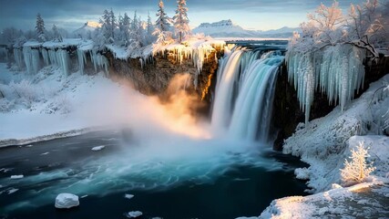 A serene winter landscape featuring a majestic frozen waterfall, surrounded by snow covered trees and reflecting light