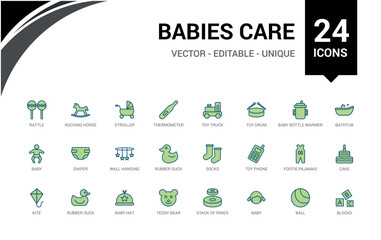 Babies care colorful icons set. Line editable icons pack. Outline icon for web and ui. Vector illustration. Icon names are written in English.