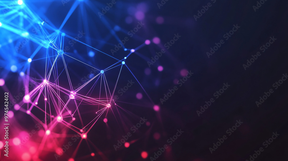 Poster Expanding abstract network with vibrant nodes and lines, linking data against a dark backdrop