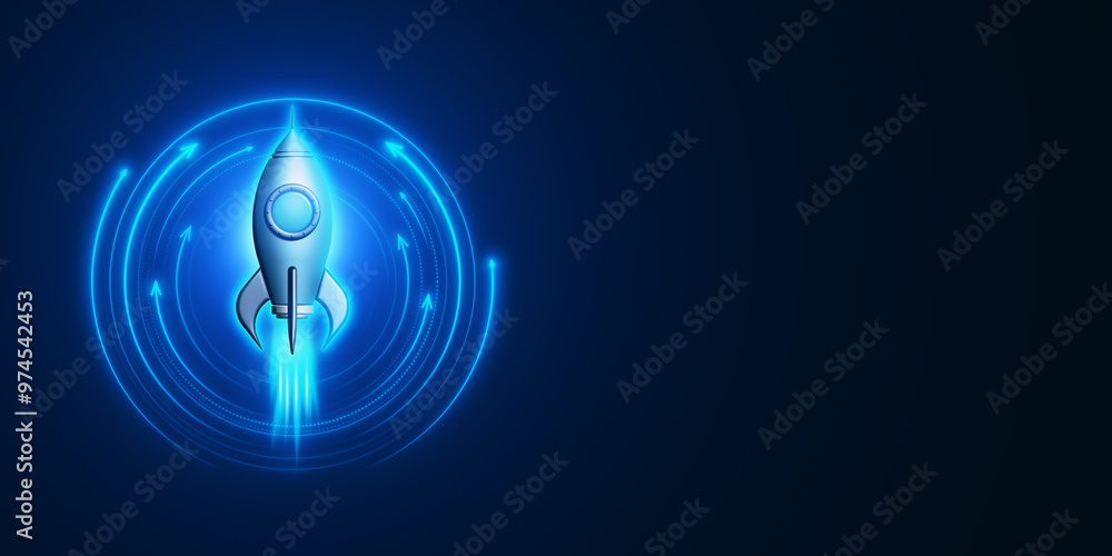 Poster rocket launch icon with neon blue digital effects on dark background. 3d rendering