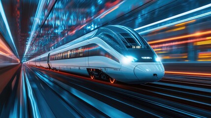 Fototapeta premium Modern high-speed train on a futuristic railway line, representing innovation in public transportation