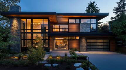Obraz premium Modern home facade with large glass windows, clean lines, and natural materials like wood and stone