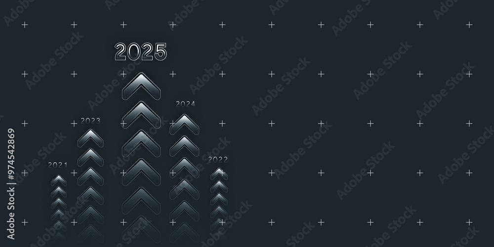 Poster upward arrows with yearly targets for business growth on dark background. 3d rendering