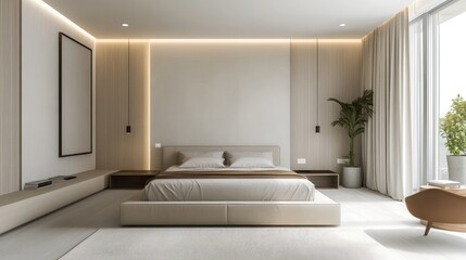 Fototapeta premium Modern minimalist bedroom with neutral tones, a platform bed, and simple decor for a clean, tranquil ambiance