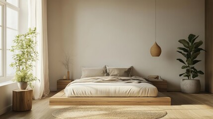 Modern minimalist bedroom with neutral tones, a platform bed, and simple decor for a clean, tranquil ambiance