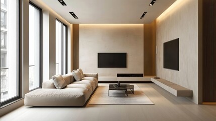 Modern minimalistic interior with a neutral color palette, sleek furniture, and artistic elements for a chic look