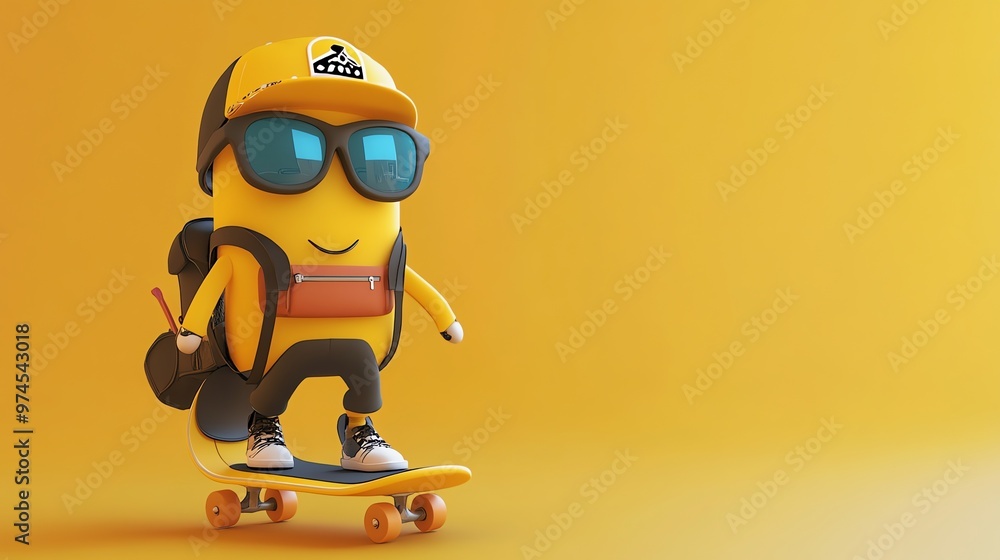 Canvas Prints A cartoon boy with a backpack and goggles rides a skateboard against a yellow background.