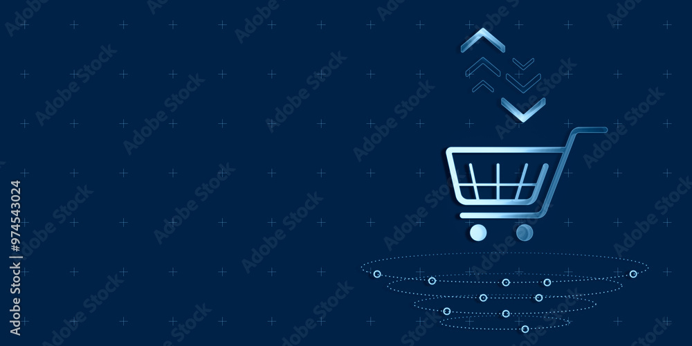 Poster digital shopping cart icon with arrows on blue background. 3d rendering