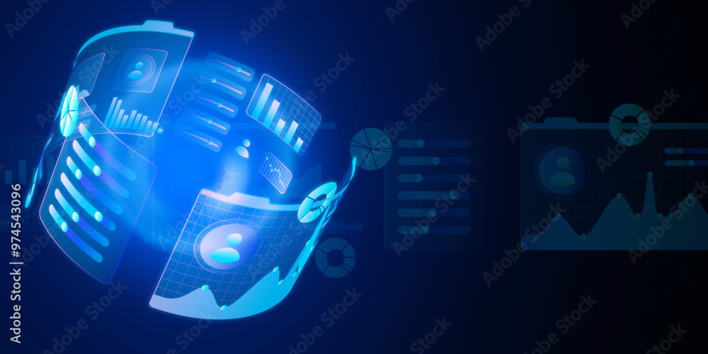Leinwandbilder Digital holographic interface with data charts and graphs on a blue background. 3D Rendering