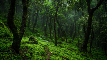 Fototapeta premium A Himalayan forest with an emphasis on the diverse medicinal plants found in the undergrowth, with a focus on plant identification 