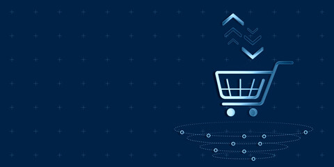 Digital Shopping Cart Icon with Arrows on Blue Background. 3D Rendering