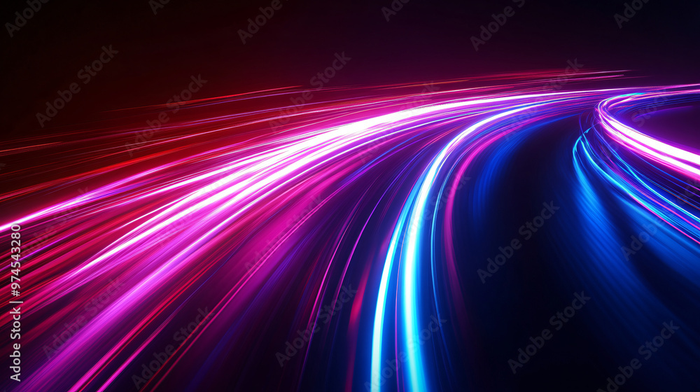 Poster Glowing lines curve into a vibrant abstract background, evoking speed and technology with streaks of light and motion blur