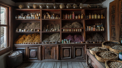 A herbal medicine shop in a Himalayan village, showcasing shelves filled with dried medicinal plants and traditional remedies 