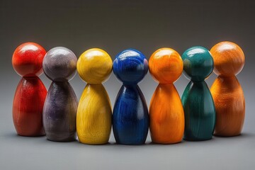 Naklejka premium diverse group of wooden and colorful figurines arranged in an inclusive circle varied heights shapes and hues represent unity in diversity against a neutral background