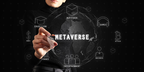 Woman interacting with metaverse concept icons on digital interface background.