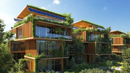 Modern sustainable architecture featuring solar panels, green roofs, and energy-efficient materials