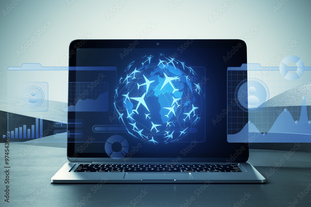 Poster Digital flight booking platform on laptop with global network graphics. 3D Rendering