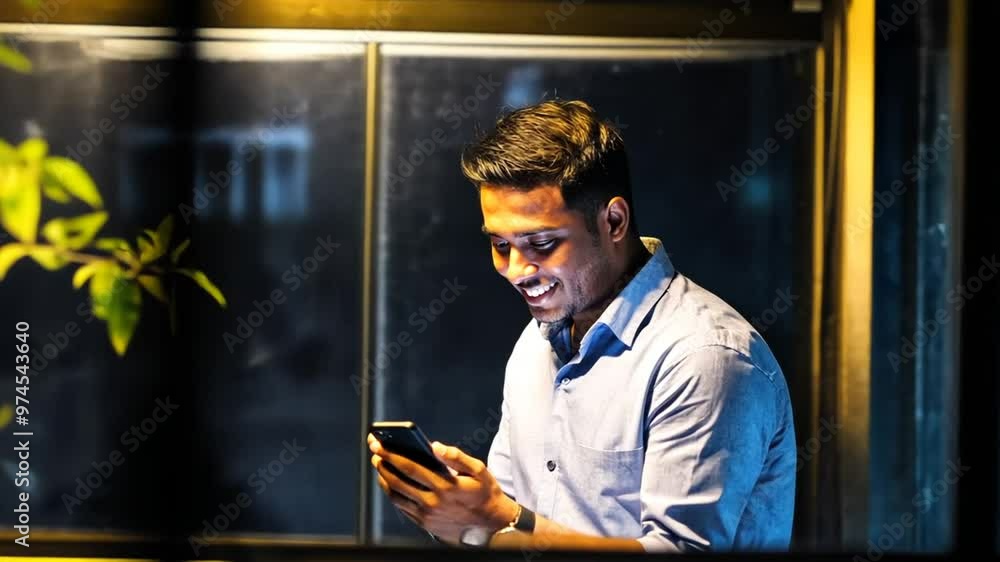 Aufkleber man using cellphone at night near a window with greenery outside generative ai