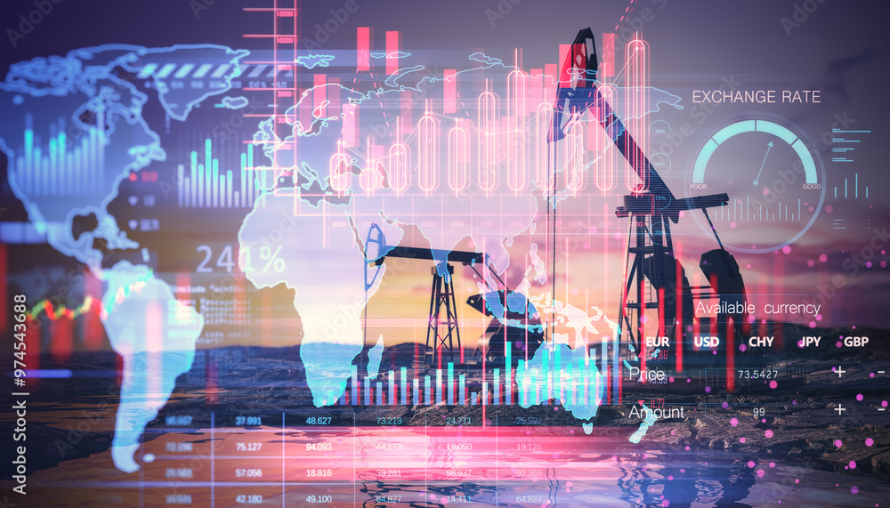 Poster double exposure of oil rig and digital financial charts interface on world map background.