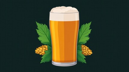 A refreshing glass of beer with foam and hops on a dark background, perfect for beverage and brewery themes.
